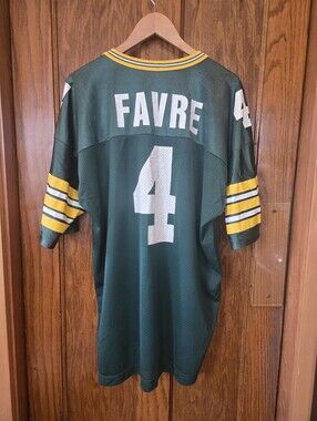 Vintage 90's Brett Farve Champion Green Mesh Screen Print Jersey Size 48